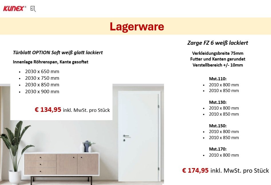 Kunex Lagerware Türblatt mit Zarge
