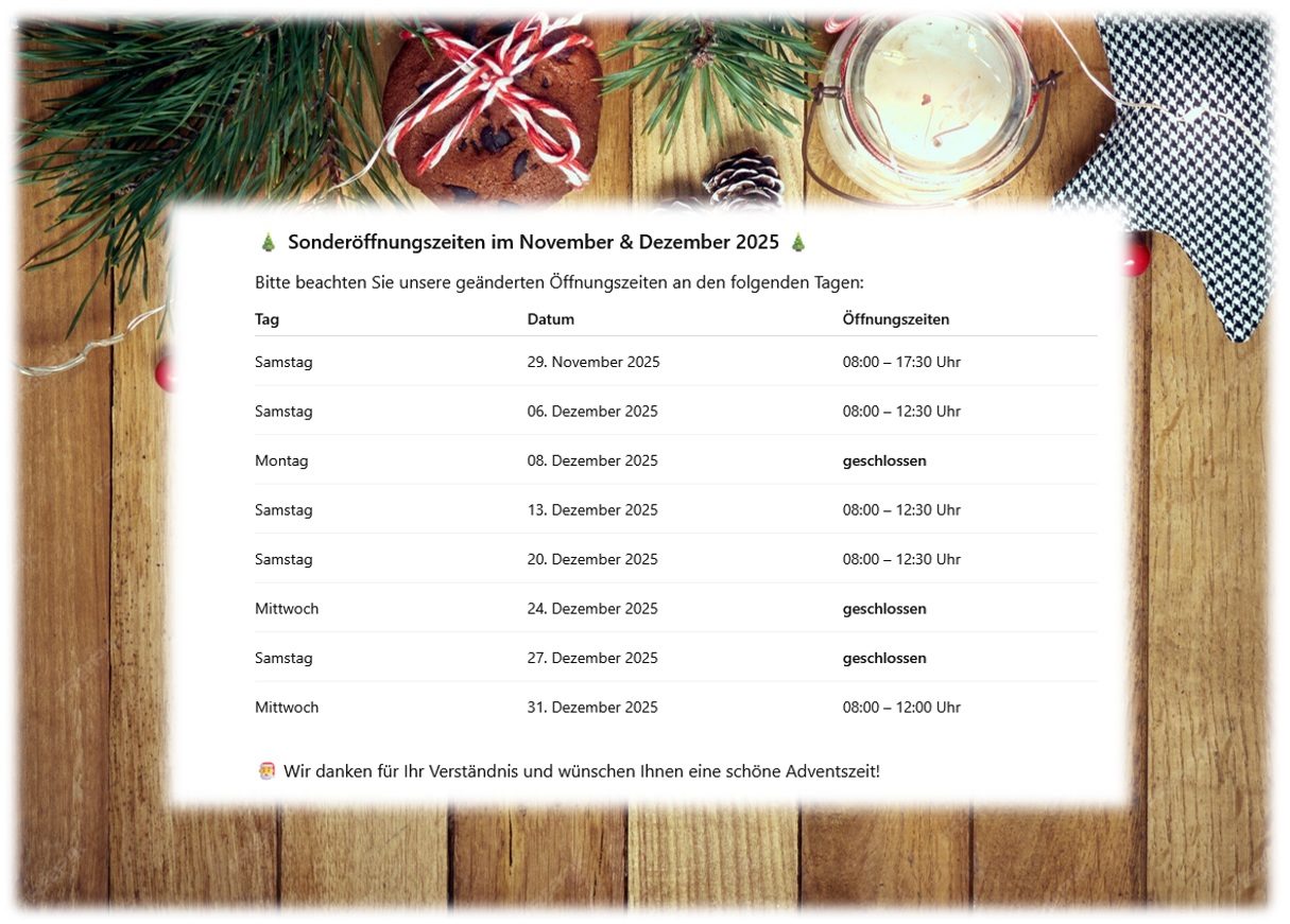 Öffnungszeiten Dezember 2025